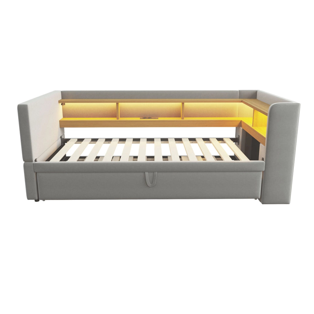 Divano letto estraibile 90/180x190 cm con LED; prese e vani portaoggetti; in flanella grigio chiaro