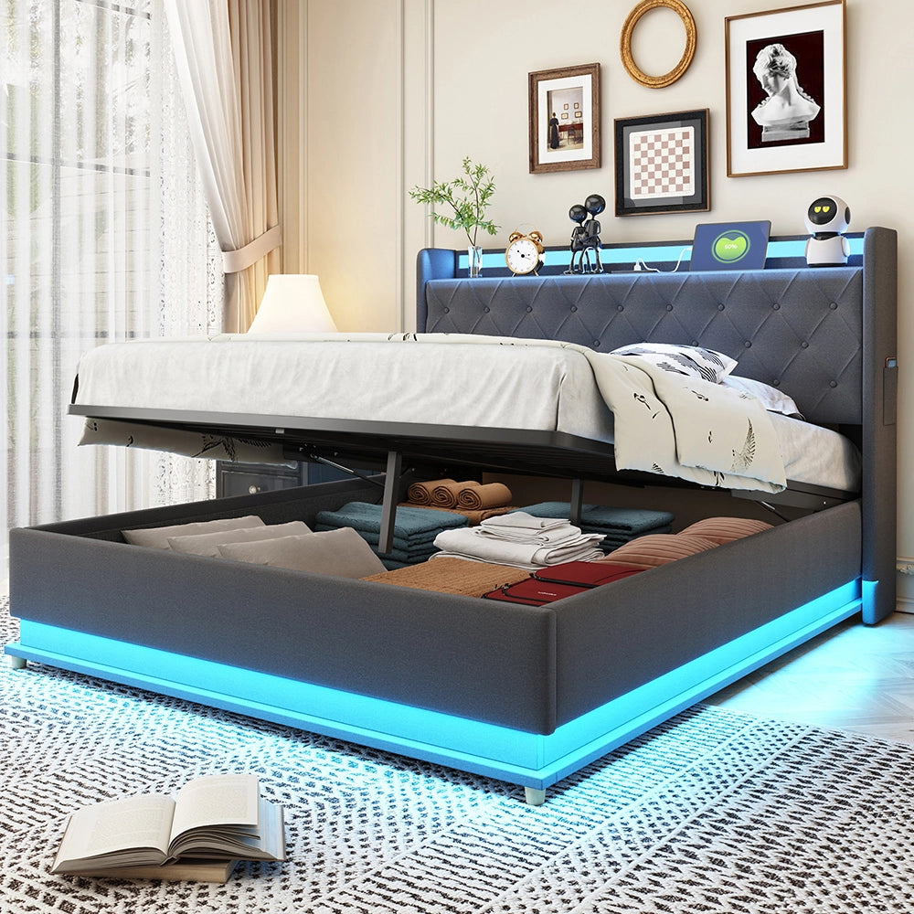 Letto matrimoniale-Xylo-140x200 cm-LED, USB, idraulico, lino grigio