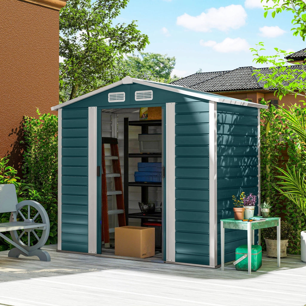 Casetta Box da Giardino 210x120x190 cm con Porte Scorrevoli e Lucchetto con Chiavi in Metallo Verde