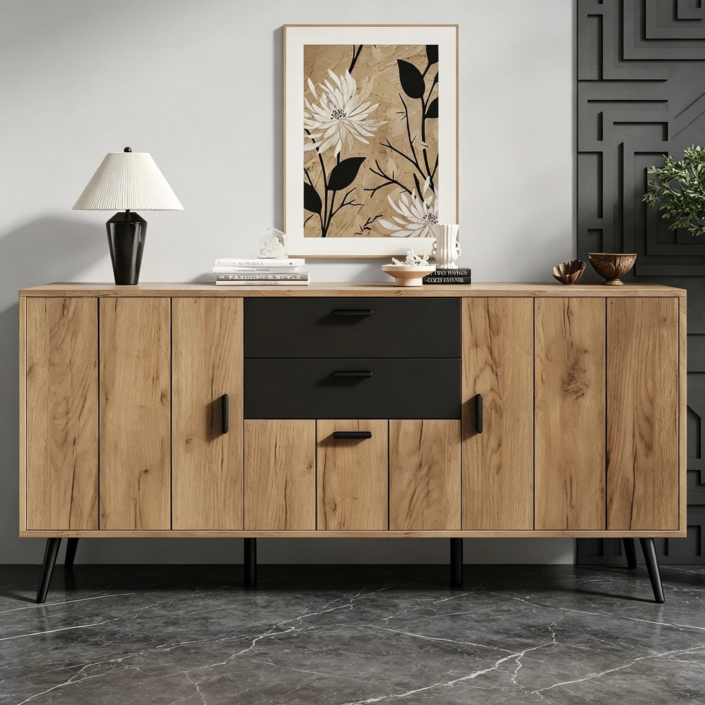 Credenza e madia con 2 cassetti 3 ante e 7 vani per soggiorno e sala da pranzo in MDF nero e legno 140 × 35 × 67 cm
