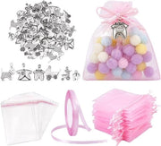 Set di Sacchetti di Organza con Charms e Fibra Satinata per Feste - Confezione da 60 pezzi