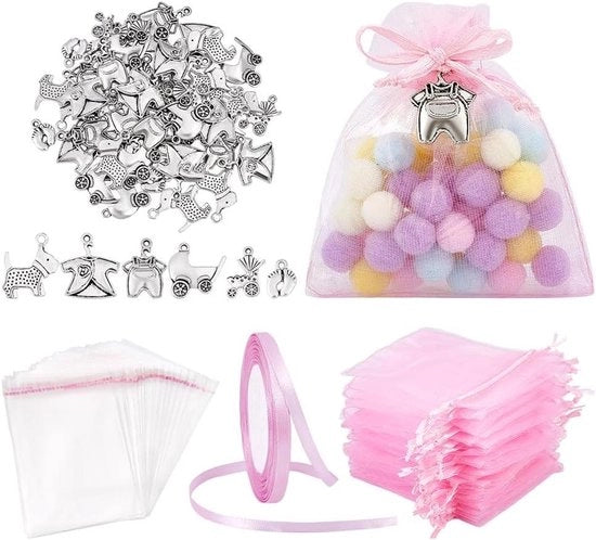 Set di Sacchetti di Organza con Charms e Fibra Satinata per Feste - Confezione da 60 pezzi