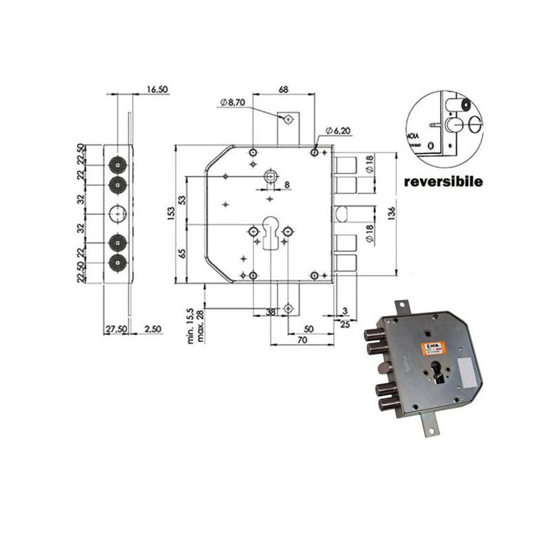 Serratura Sic.Triplice Dx Cil. E73 Rte654/220 Moia