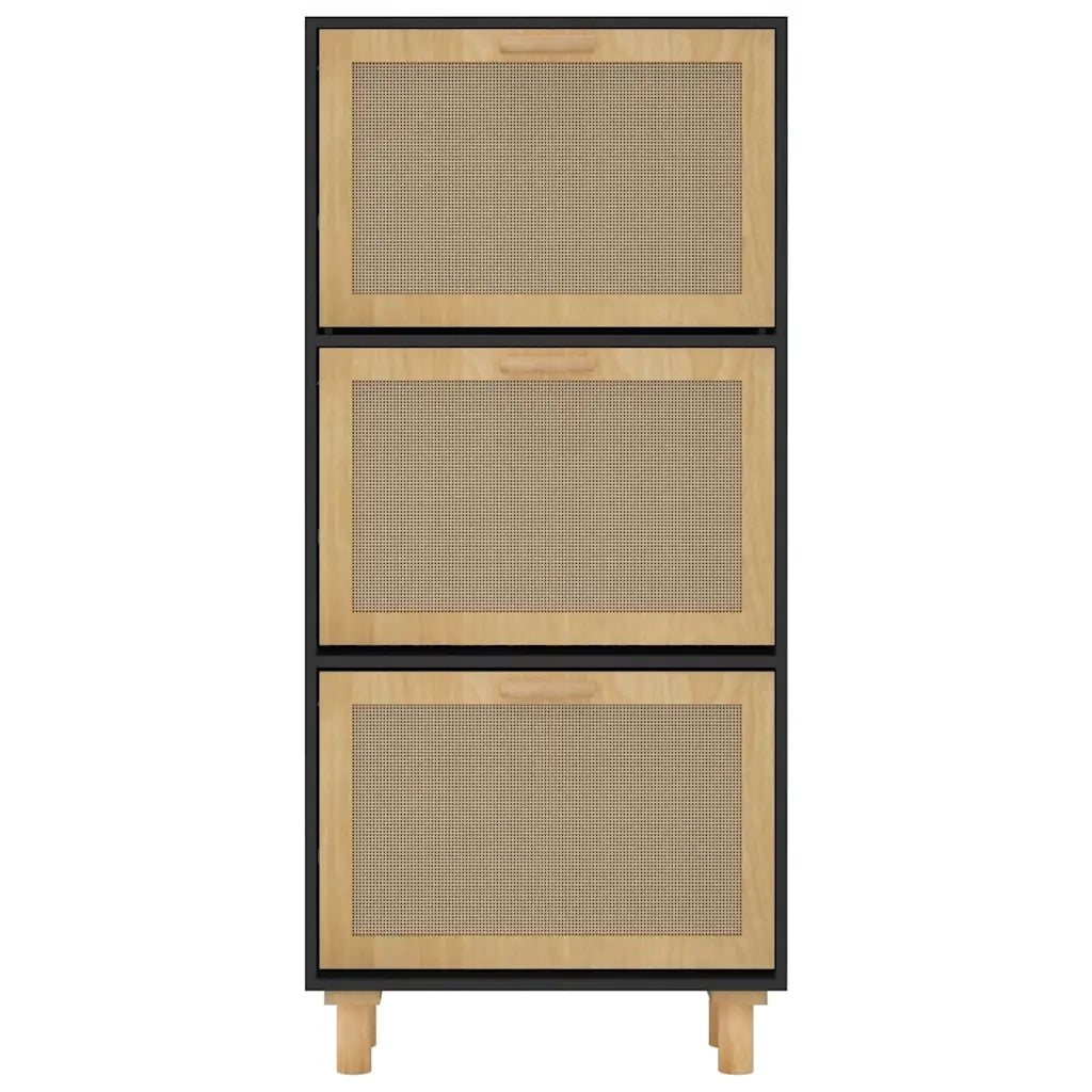 Scarpiera | Mobile per scarpe Nero 52x25x115cm Legno Multistrato e Rattan Naturale
