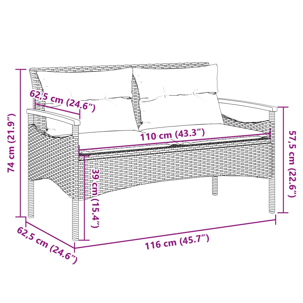 Panchina Giardino con Cuscini 116x62,5x74 cm Grigia Polyrattan 368402