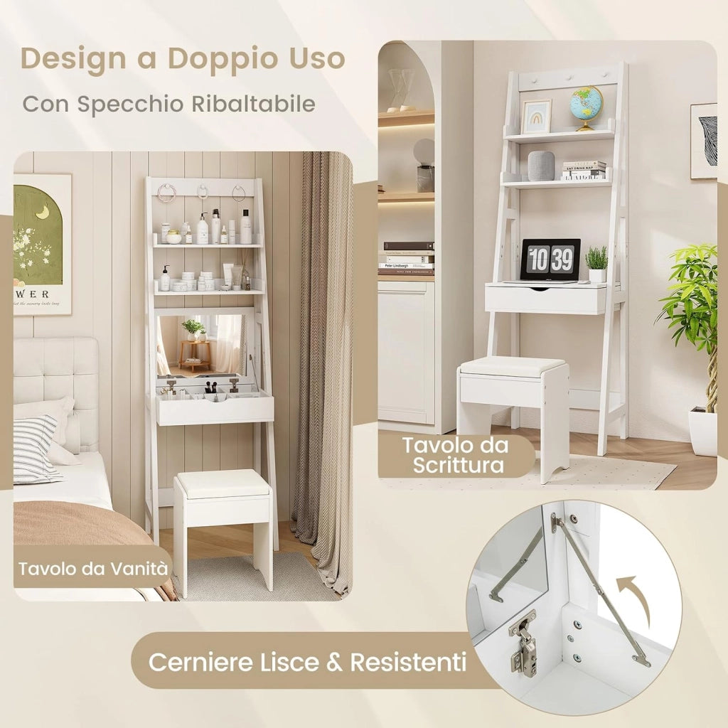 Toeletta Trucco con Specchio Nascosto, Set Tavolo e Sgabello da Trucco con 2 Ripiani, 3 Ganci, Sgabello Imbottito, per Soggiorno Camera da Letto, 60 x 40 x 180,5 cm (Bianco)