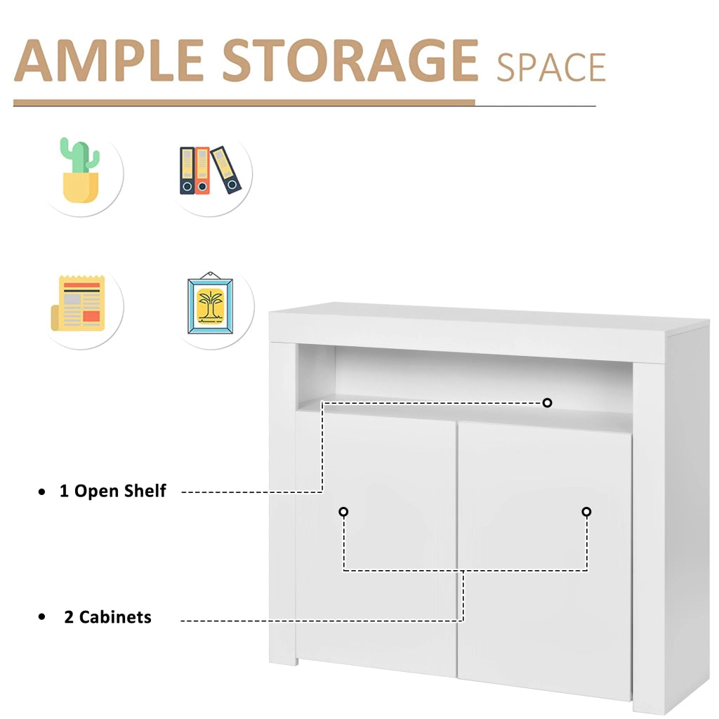 Credenza con 2 ante; vano aperto; LED e USB - per soggiorno - 108x40x92 cm - bianco