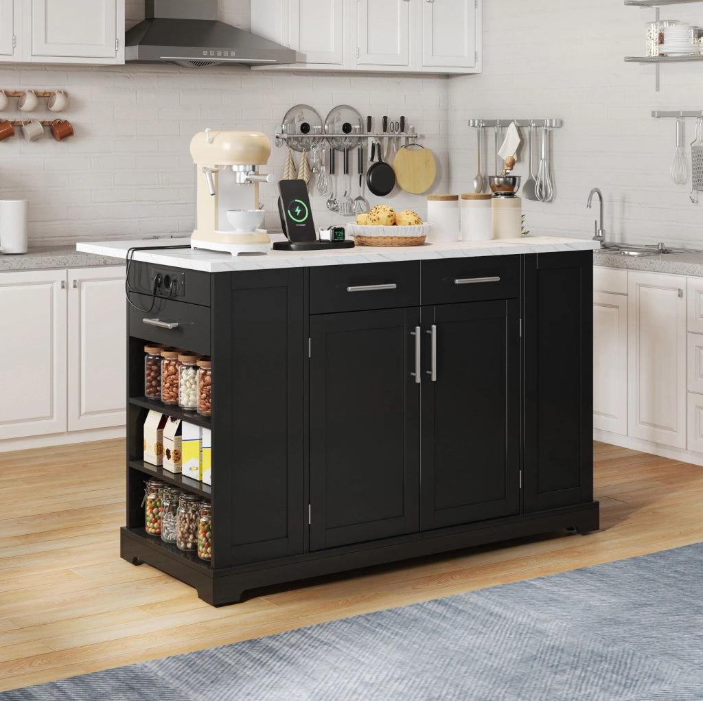 Isola cucina 138 cm con piano ribaltabile; ruote silenziose; presa EU; finitura nera