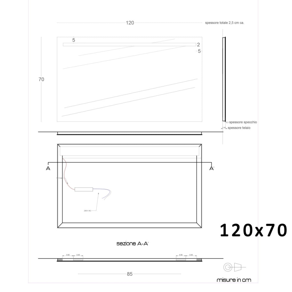 Specchio led bagno per mobile filo lucido 4 debby, misura 100x70