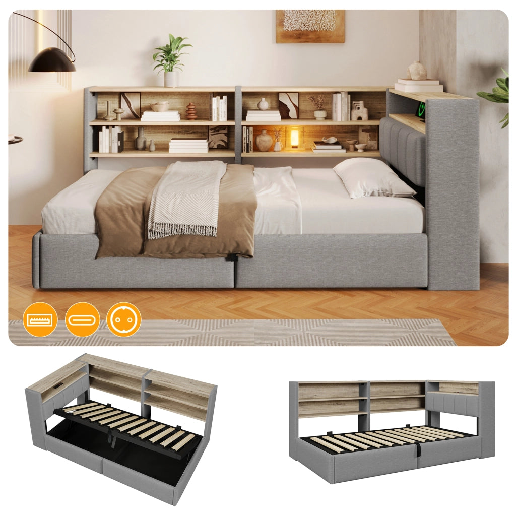 Letto Contenitore Singolo LEMONMAX 90x200 cm con Sollevamento Idraulico, LED APP, USB-A/USB-C e Modulo Laterale, Rete a Doghe, Velluto Grigio