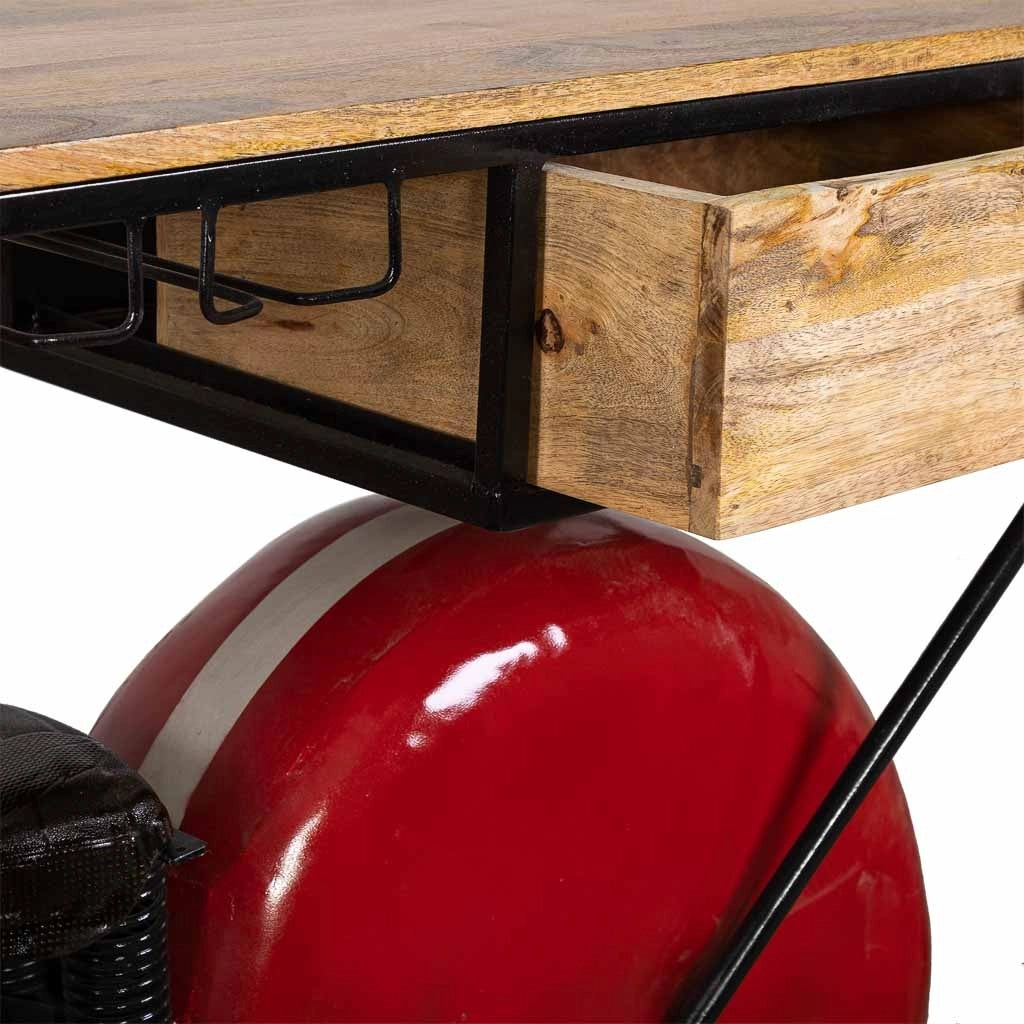 Barra portabottiglie moto in legno rosso e metallo 200x43x94h