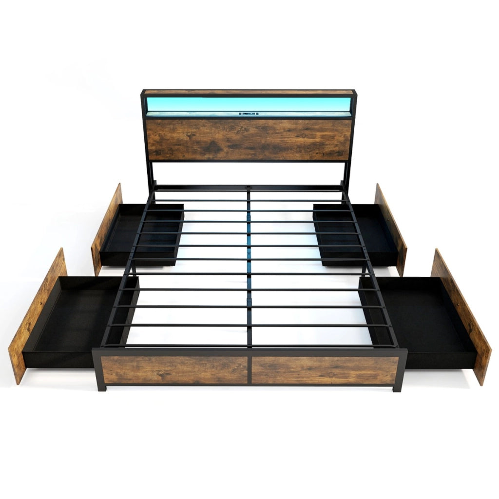 Struttura letto king size con luci e set 2 comodini moderni-Letto piattaforma e tavolini industriali da divano