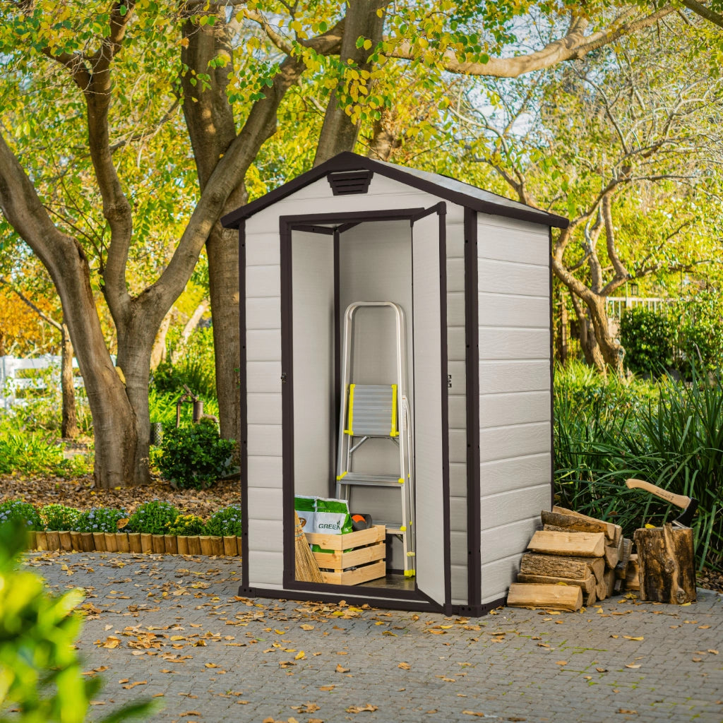 Manor 4x3 - Casetta da Giardino 129x196x103 cm 1 Anta per deposito attrezzi fini-tura effetto legno graffiato  in Resina Beige