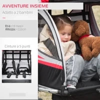 Rimorchio Bici per Bambini e Passeggino, Design 2 in 1 con Freno, Cintura a 5 Punti, Carrello Rimorchio per Bicicletta con Tasche Laterali, Catarifrangenti e Bandierina, Rosso