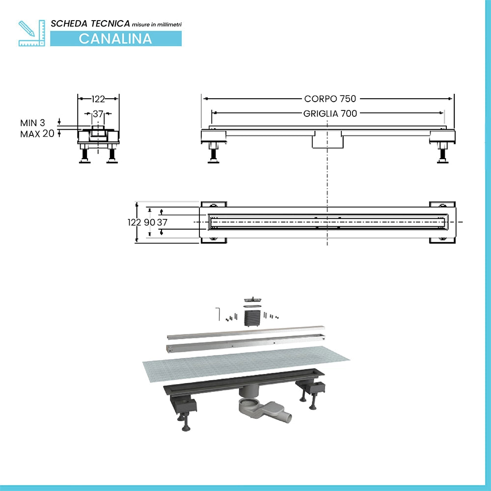Canalina doccia 70 cm in alluminio reversibile scarico centrale, sifone e piletta inclusi