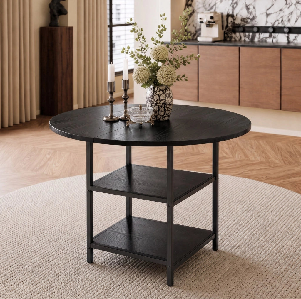 Tavolo da pranzo rotondo ?107 cm con doppio ripiano in MDF e metallo nero