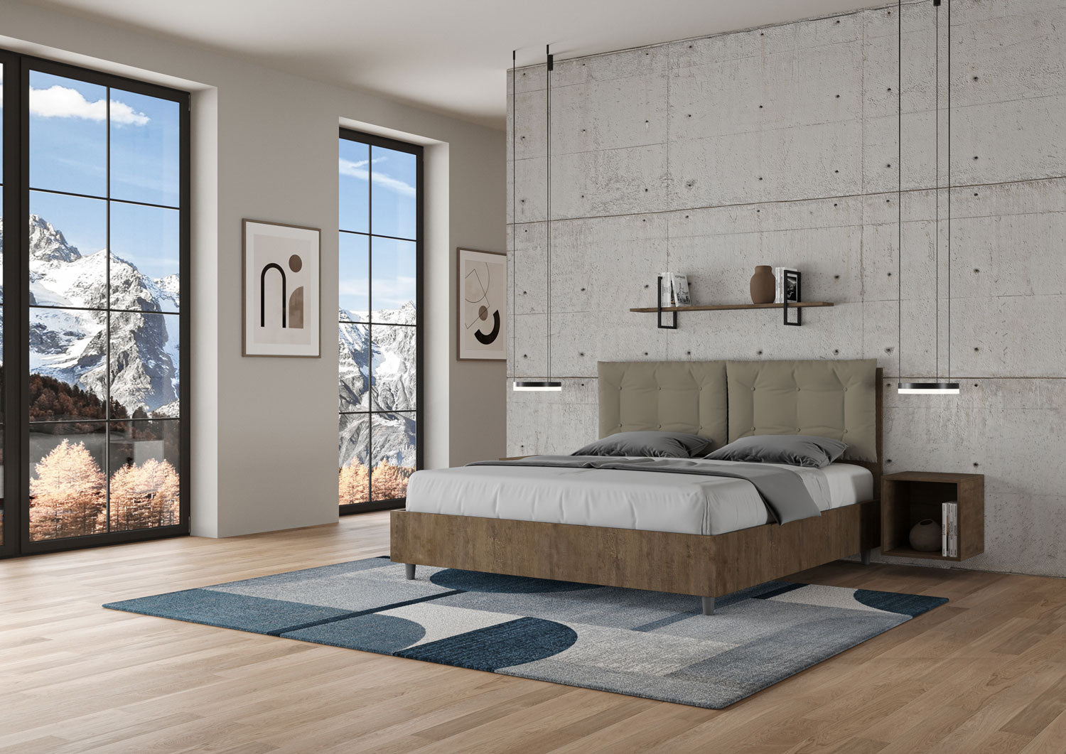 Letto Matrimoniale 160x190 cm Senza Rete Struttura Noce con Cuscini in Similpelle Egos Annalisa Cappuccino