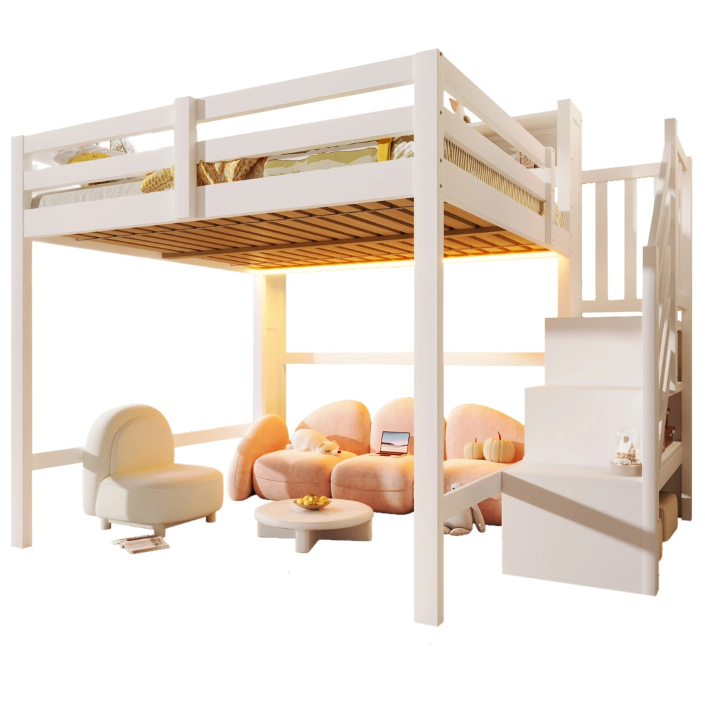 Letto a soppalco 140x200 cm con LED e scala contenitore bianco