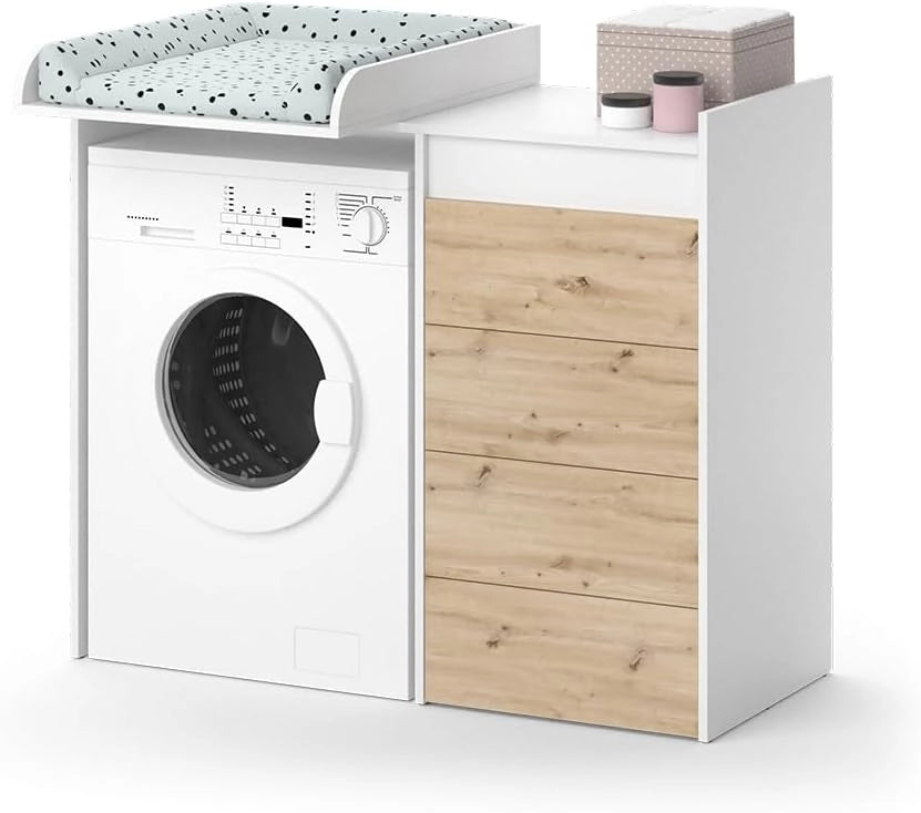Mobile lavatrice Alf, Bianco, 116 x 98 cm con 4 cassetti, per riporre risparmiando spazio sopra la lavatrice