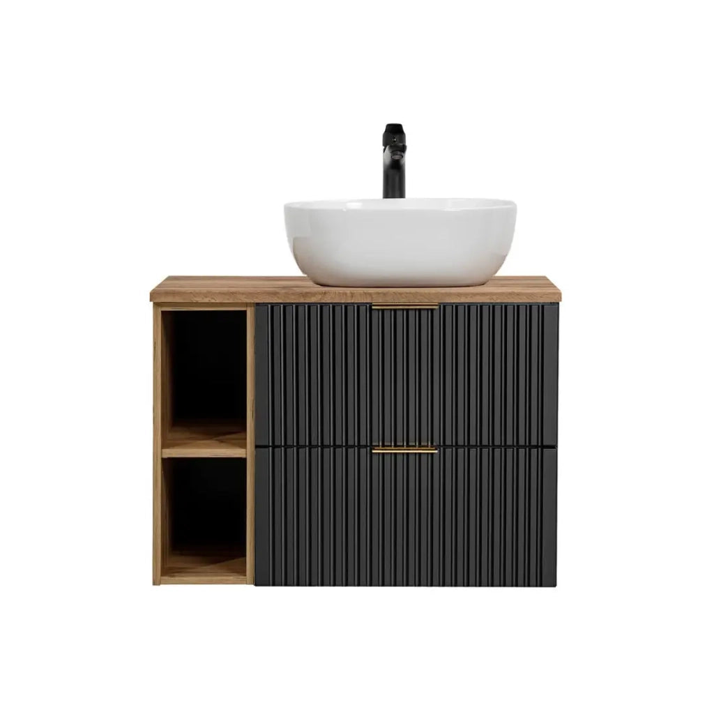 Insieme mobile sottolavabo NOXERA 80 cm – Nero opaco e quercia – 2 cassetti + 2 nicchie + lavabo