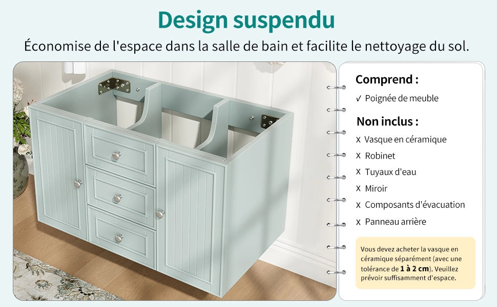 Mobile sottolavabo con 2 cassetti, vano contenitore e installazione a parete, per bagno, verde, 78,5 × 46 × 46,8 cm