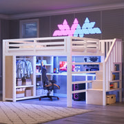 DESMIU Lit mezzanine 160 × 200 cm 2 posti con scrivania, vani, LED e scala, senza materasso, in metallo, bianco
