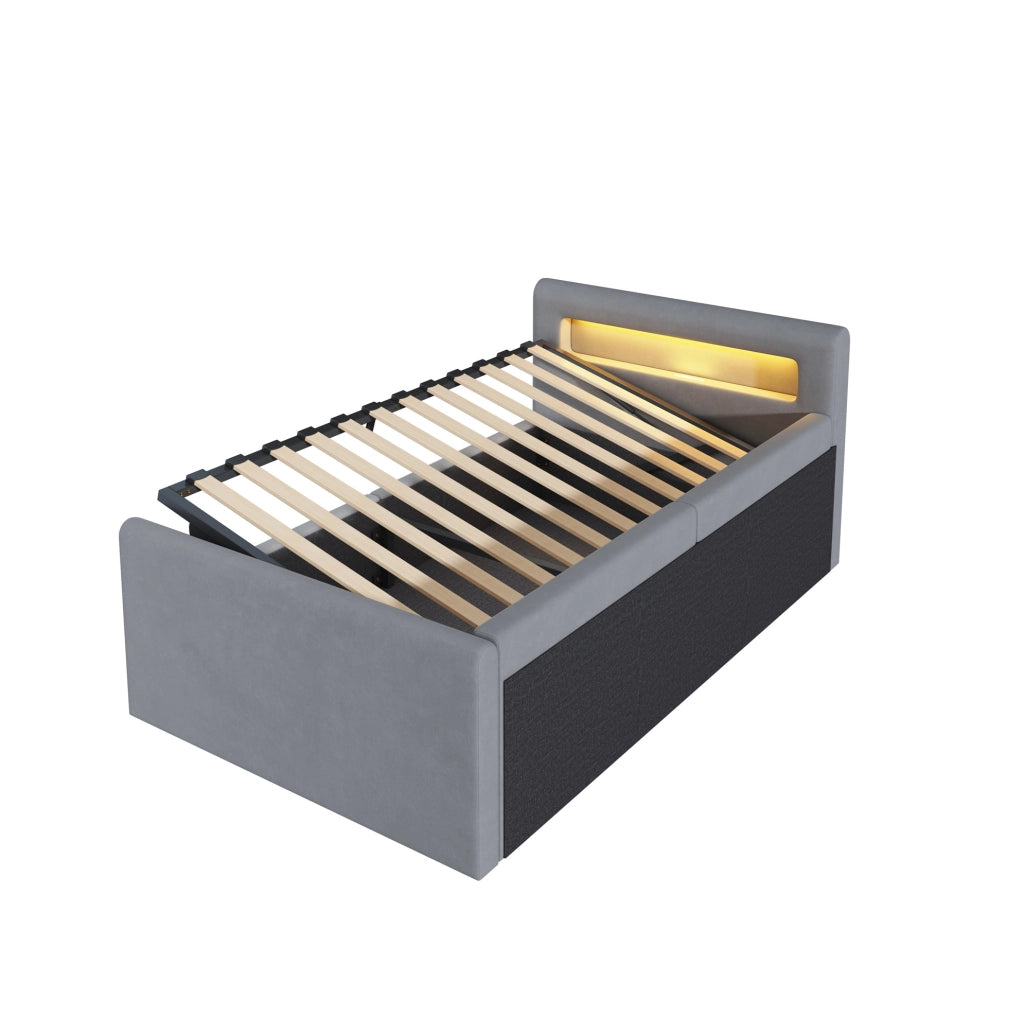 Letto imbottito 90x200 cm con LED; luce notturna; USB e contenitore idraulico in velluto grigio