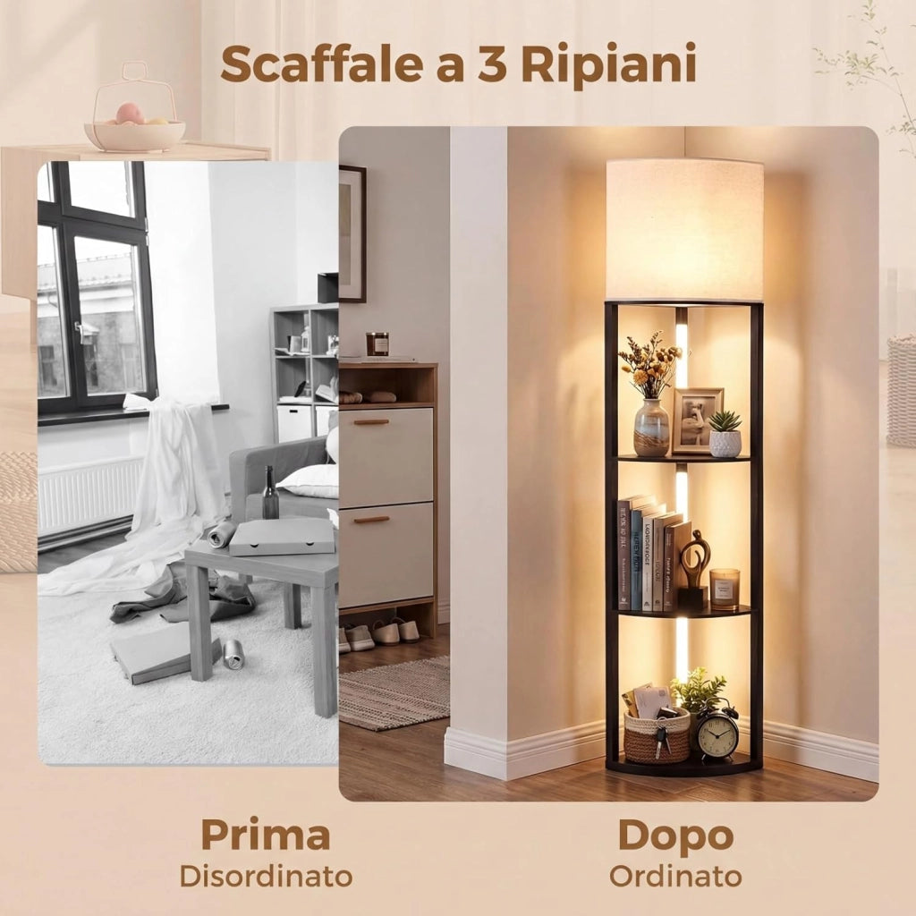 Lampada da Terra Angolare con Mensole, Scaffale a 3 Ripiani con Luci LED Dimmerabili, Paralume in Lino e Interruttore a Pedale, Piantana da Terra per Camera da Letto, Salotto e Studio