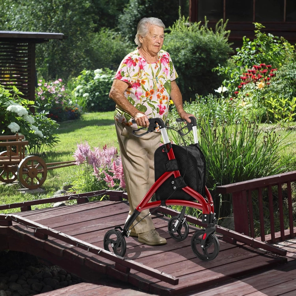 Deambulatore per Anziani in Alluminio Ultraleggero a 3 Ruote, Rollator per Anziani Pieghevole e Regolabile in 6 Livelli 86-96 cm con Borsa e Ruote Bloccabili, Portata 136 kg (Rosso)
