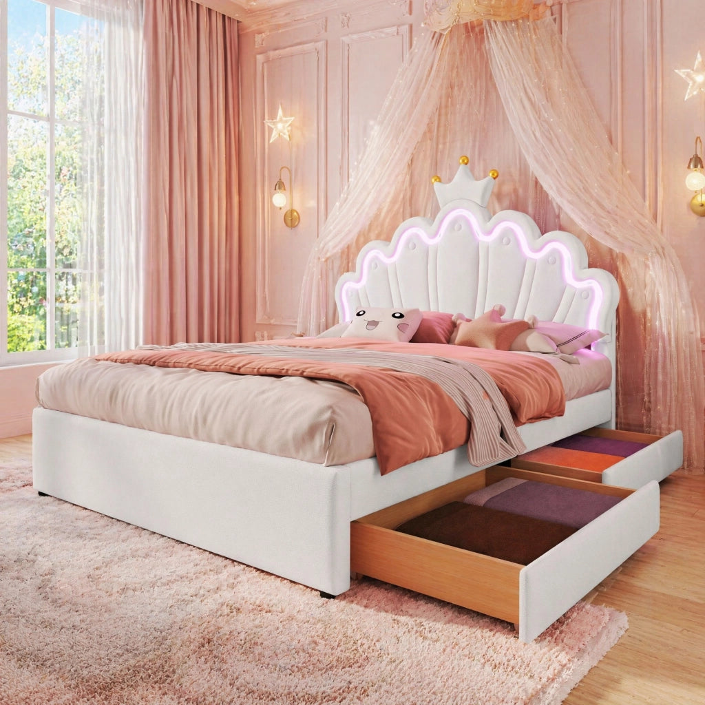 Letto imbottito 140x200 cm con 2 cassetti e LED multicolore; testiera regolabile in PU bianco