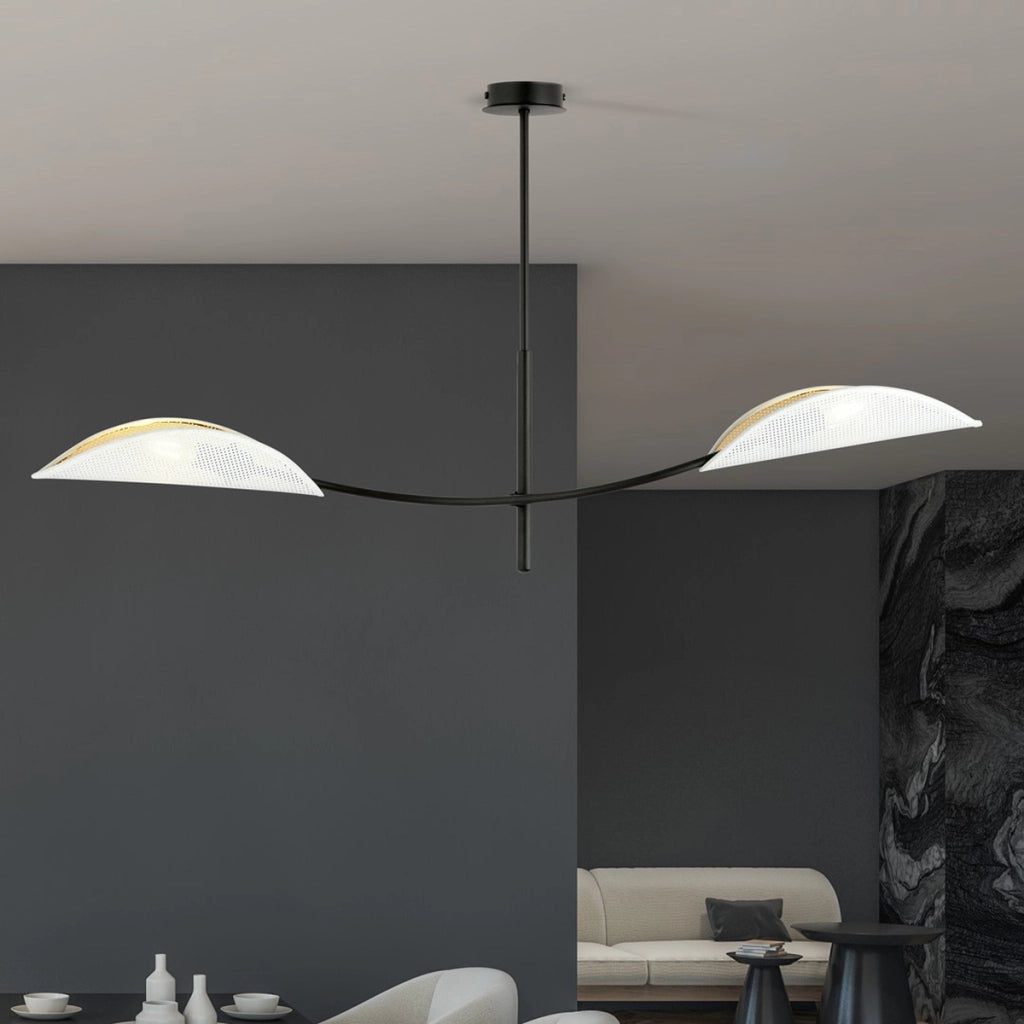 Lampada a sospensione Lotus in acciaio nero con paralumi bianco e oro