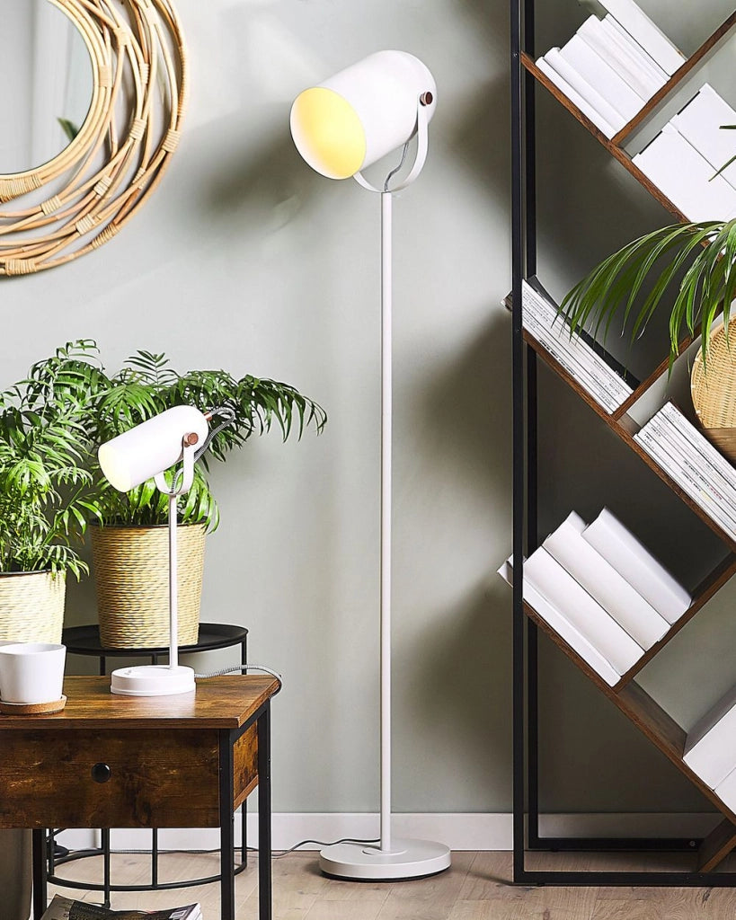 Lampada da Terra in Metallo Bianco 156 cm Faretto Paralume Orientabile Industriale Home Office