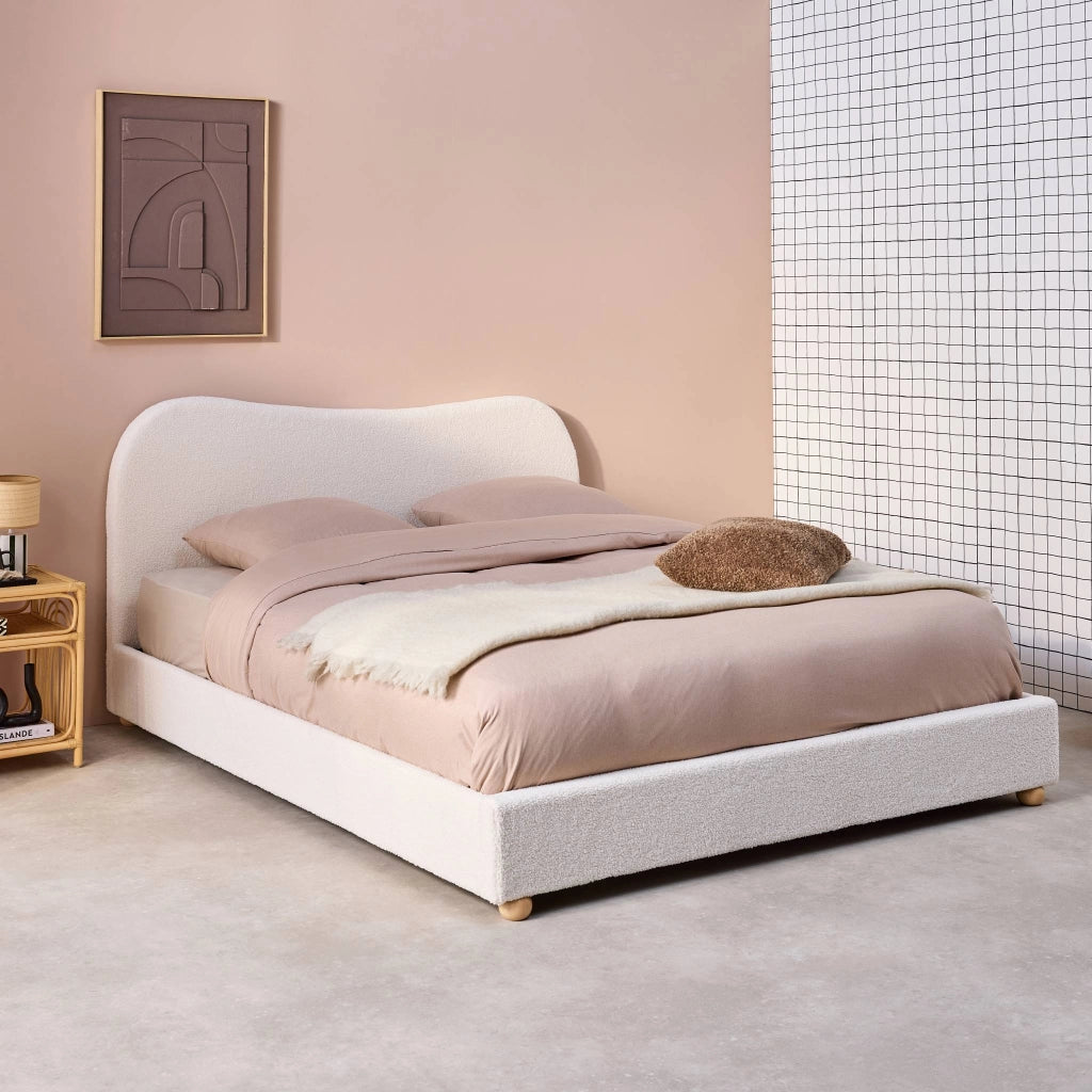 Letto con rete a doghe e testiera, bianco con finitura bouclé, bianco