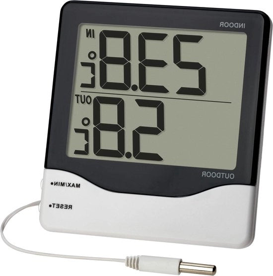 Termometro digitale per interni ed esterni con display grande - Massime e minime registrazioni di temperatura interna ed esterna - Nero (l) 102 x (b) 21 (50) x (h) 110 mm