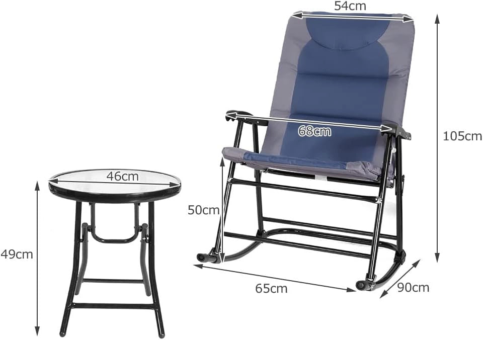 Set di sedie a dondolo pieghevoli, per balcone, set da 3 pezzi, con 1 tavolino e 2 sedie a dondolo, da giardino, per esterni, balcone, set per 2 persone, per balcone, giardino (blu)