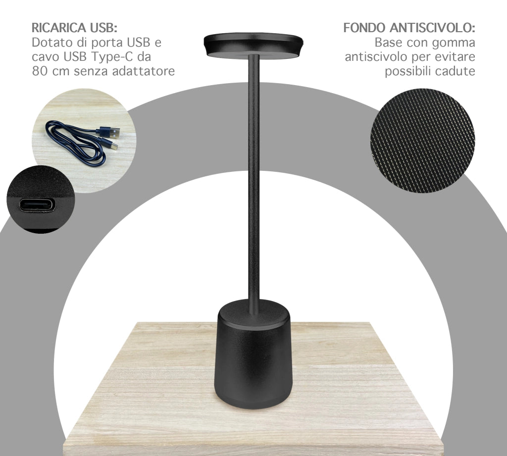 Coppia Di Lampada Da Tavolo LED Set 2 Pezzi Design Moderno Senza Fili Ricaricabile Controllo Touch Selezione Colore Intensità Dimmerabile Altezza Regolabile Con Adattatore Per Bottiglia 3000/4500/600K AbatJour Comodino 2Pz-Reverse-Nero