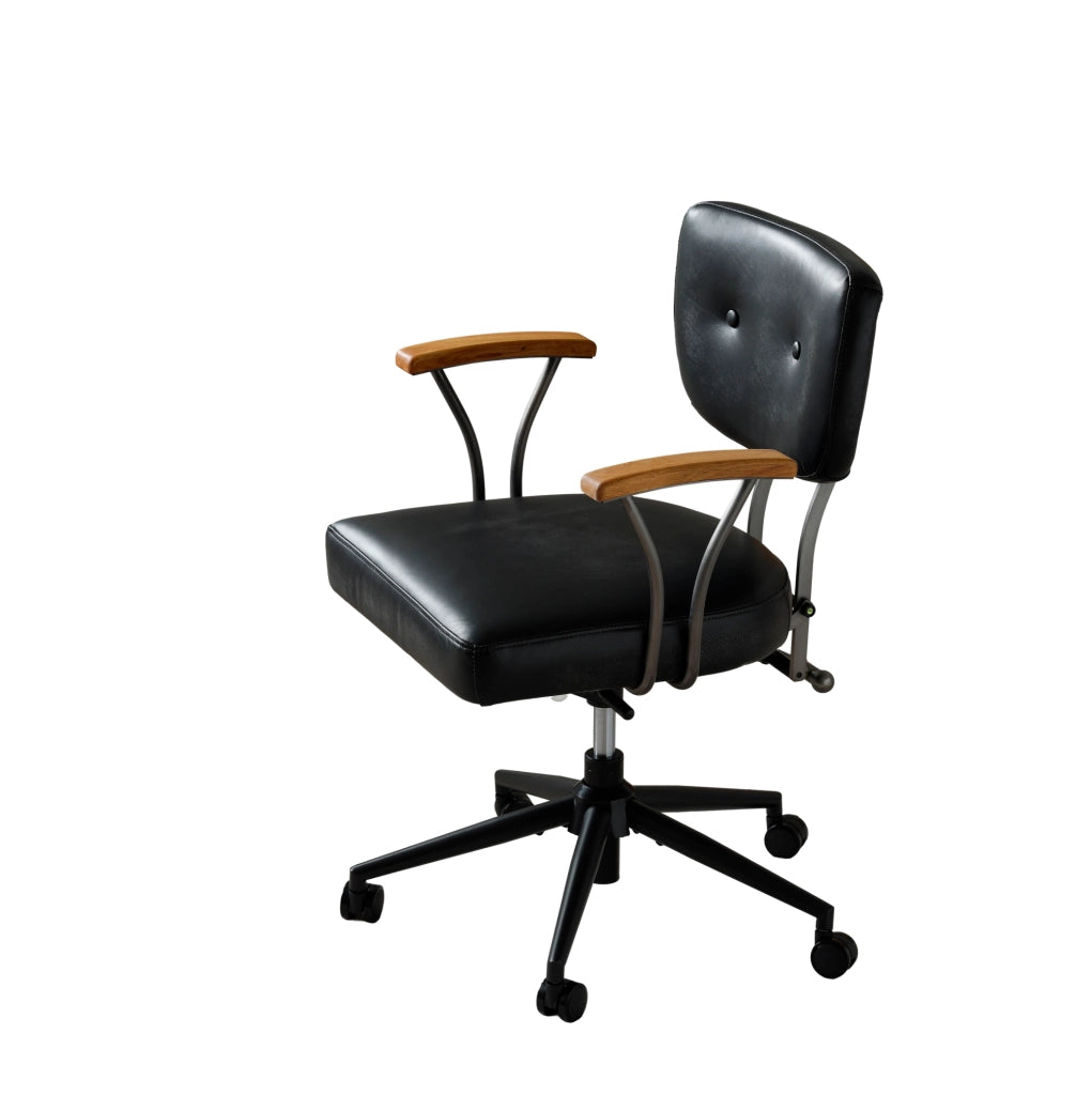 Sedia da ufficio girevole in pelle nera con ruote e struttura in metallo