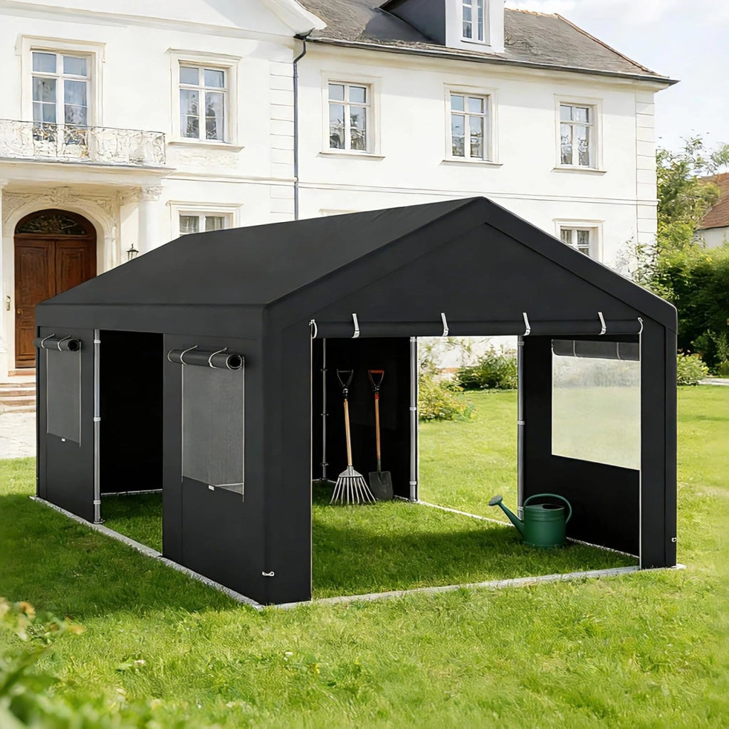 Tenda Garage Auto Esterno, Tettoia per Auto con Telaio in Metallo, Copertura in PE Resistente alle Intemperie, Capanno Giardino per Vehicolo, Bici, Moto, Attrezzi (Grigio, 305 x 586 x 280 cm)