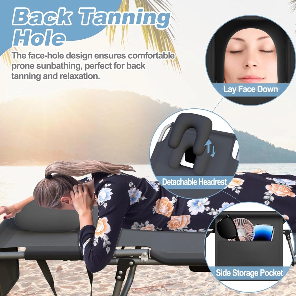 Sedia a sdraio pieghevole da giardino con schienale e poggiapiedi regolabili, portatile, da giardino, da spiaggia, per giardino, terrazza, spiaggia, grigio scuro