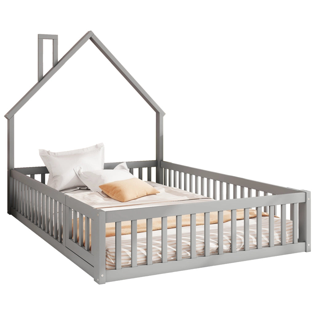 OKWISH Letto a Cabina 140×200 cm, Letto Matrimoniale con Spondine di Sicurezza e Design a Camino, senza Materasso, in Pino, Grigio