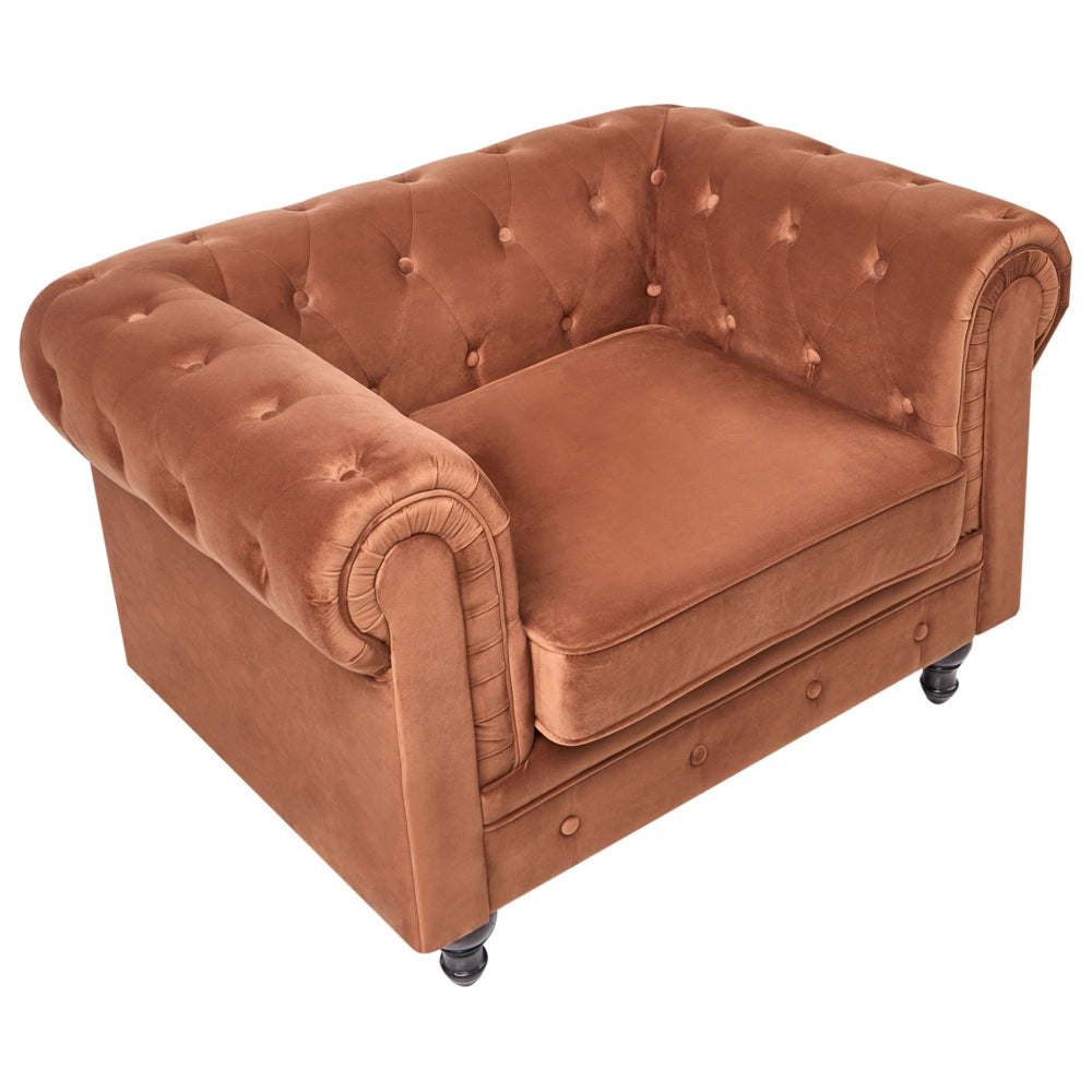 Set soggiorno Chesterfield Rivestimento in velluto marrone dorato Gambe nere Divano a 3 posti + poltrona