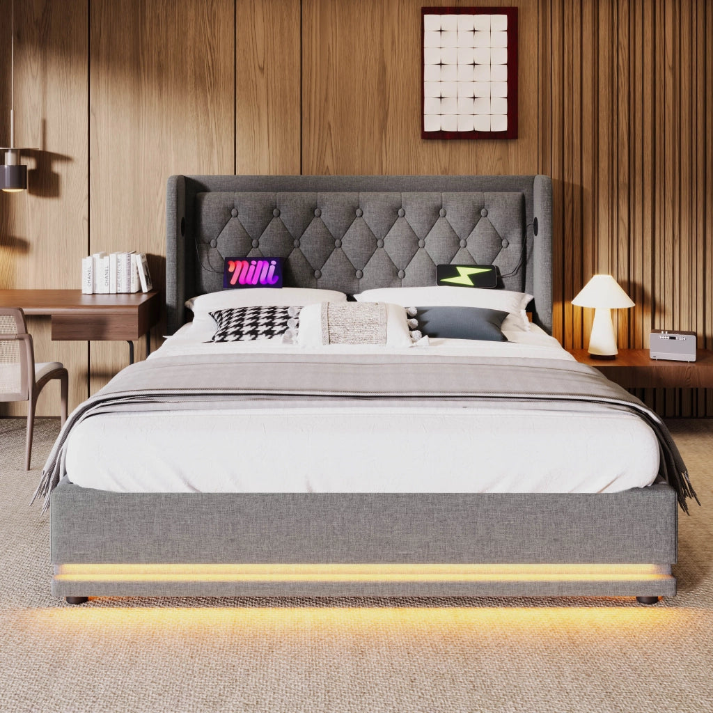 Letti contenitori 180x200 cm con LED e USB; cotone grigio (Senza materasso)