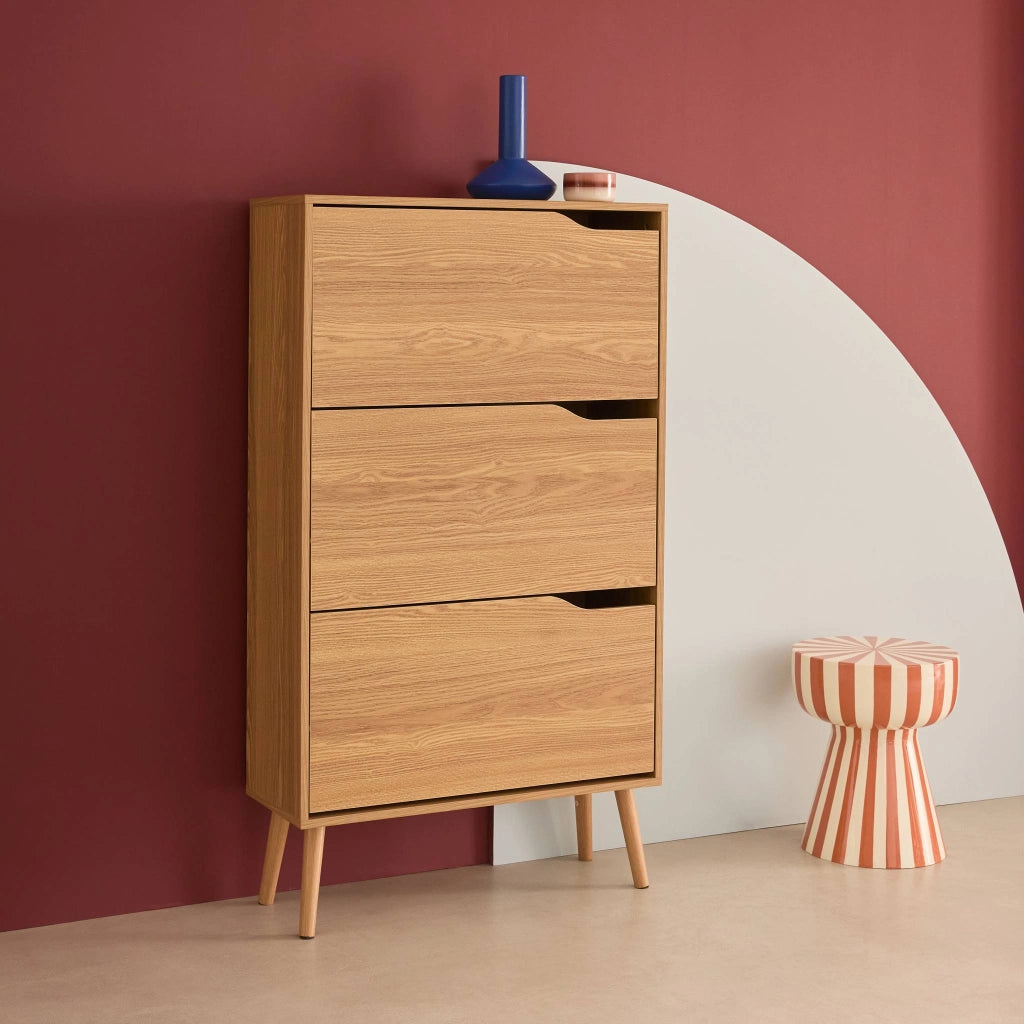 Scarpiera con decoro in legno, 3 ante, marrone naturale