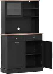 Credenza Alta da Cucina con Supporto per Bidoni della Spazzatura, Mobile Cucina Dispensa con Piano di Lavoro in Legno di Gomma, 2 Cassetti, Armadietto Buffet con Ripiani Regolabili (Nero)