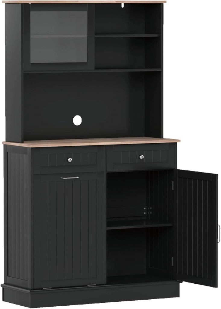 Credenza Alta da Cucina con Supporto per Bidoni della Spazzatura, Mobile Cucina Dispensa con Piano di Lavoro in Legno di Gomma, 2 Cassetti, Armadietto Buffet con Ripiani Regolabili (Nero)