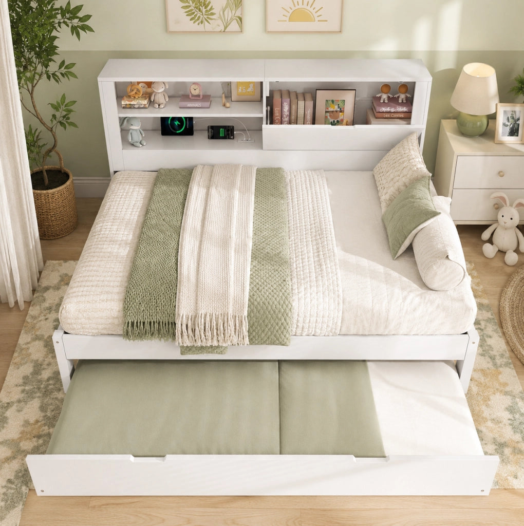 Sofabed con letto estraibile 140x190 cm; bianco; con vano portaoggetti e ricarica USB/USB-C