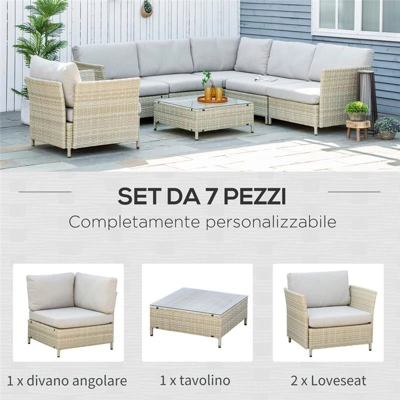 SALOTTO DA GIARDINO 7 PEZZI MODULABILE IN RATTAN PE CON CUSCINI, BEIGE