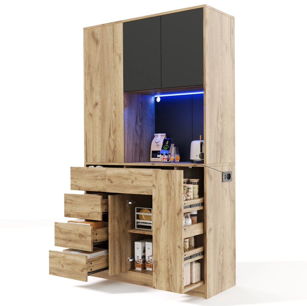 Mobile buffet da cucina nero e naturale con LED, prese integrate e ripiani regolabili