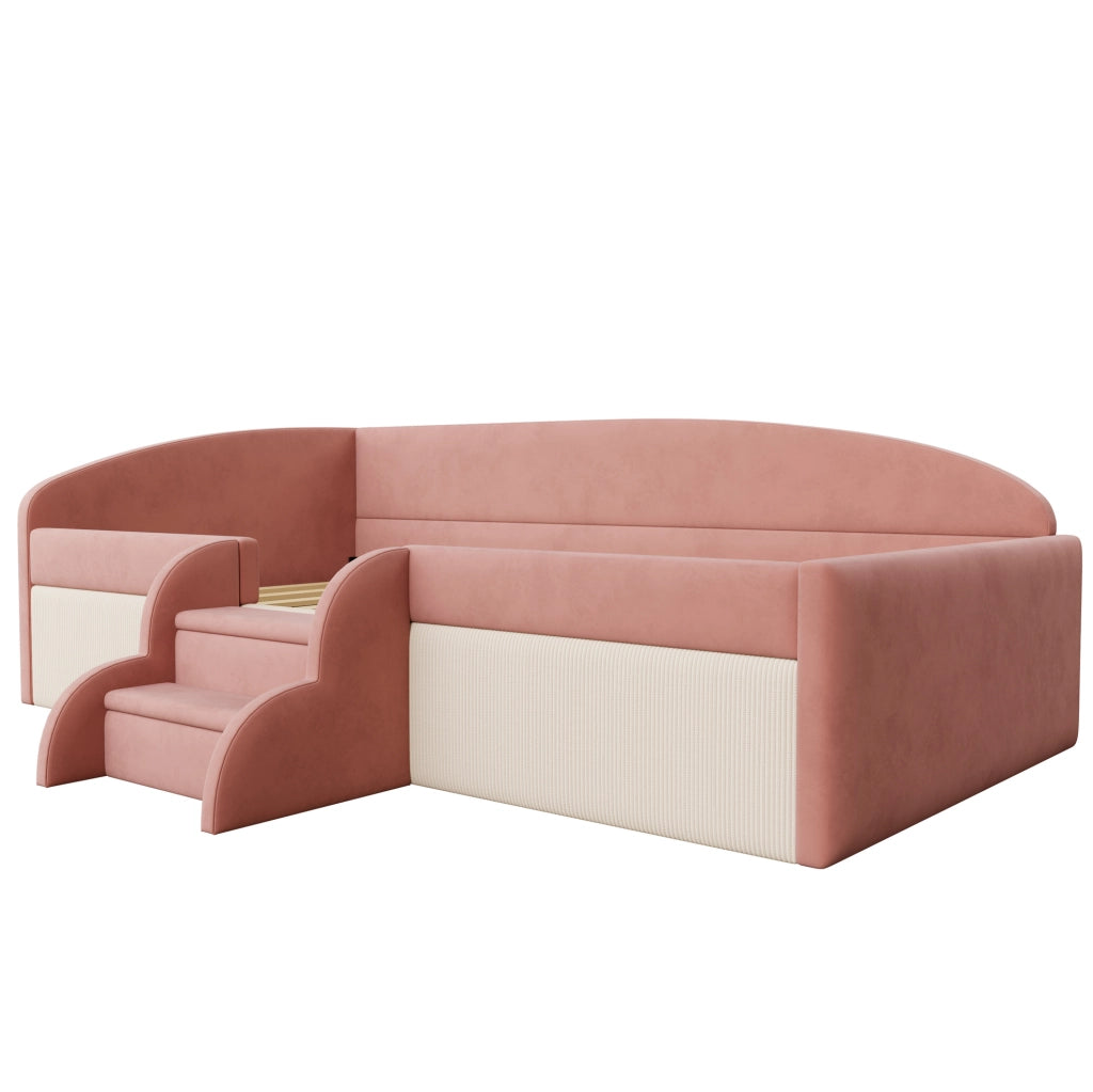 Letto imbottito per bambini 90x190 cm con gradini in velluto rosa e bianco