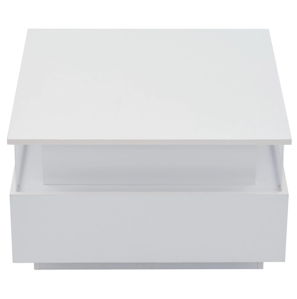 Tavolino da salotto moderno bianco 70x70x41 cm con LED; 2 cassetti e vano trasparente